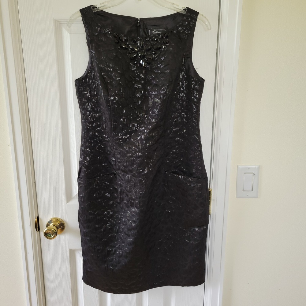 Collection Dressbarn Sheath‎ Dress Sz 8 Black Leopard Shiny Zip Embellished